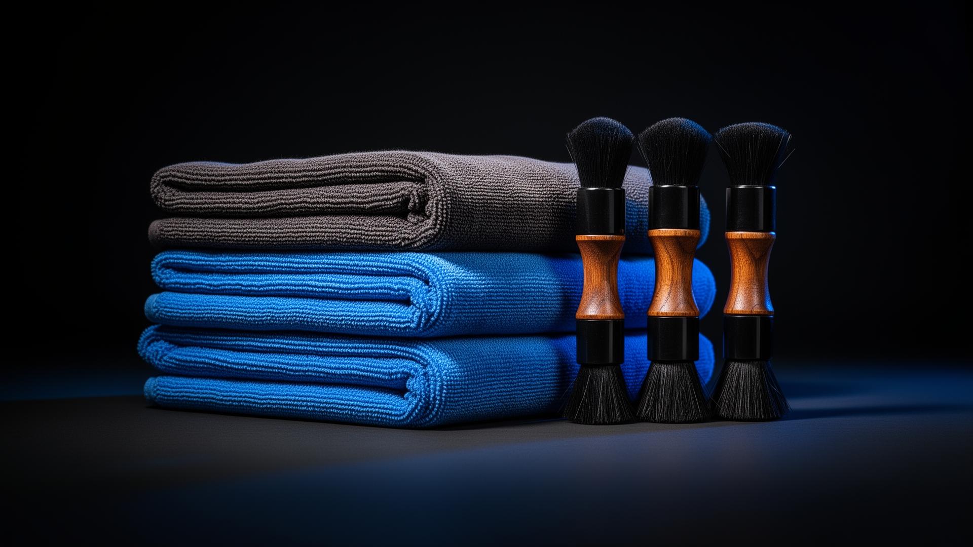 Stack of pro-grade microfiber towels and detailing brushes